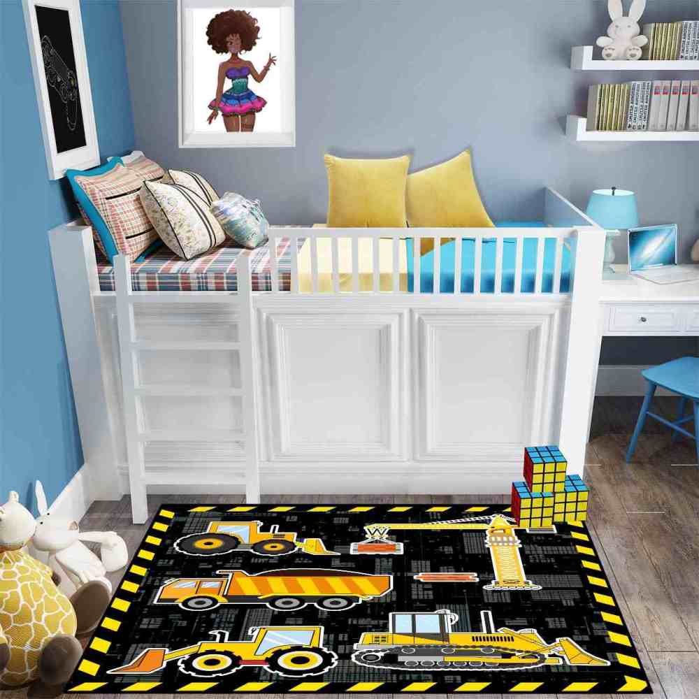 Yellow Crane & Excavator Grid Boys Play Rug Ultra Non-Slip | CozyLil