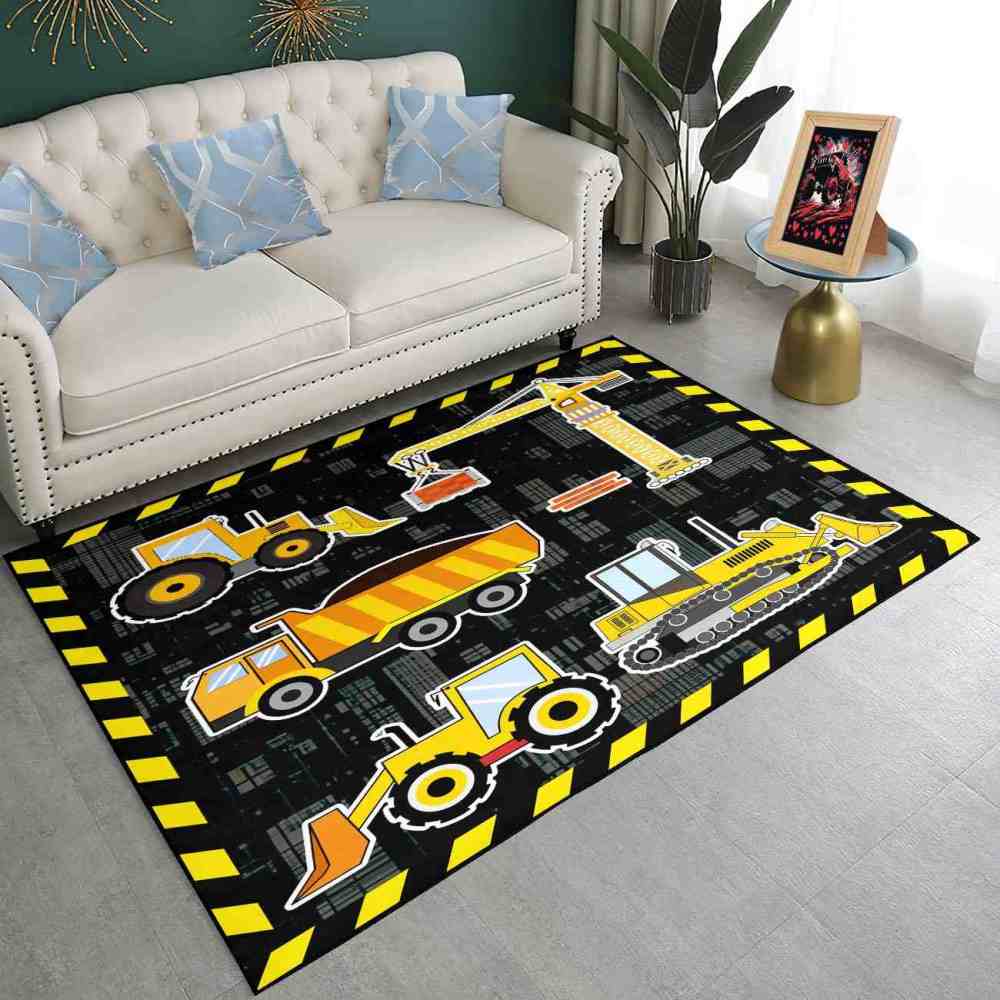 Yellow Crane & Excavator Grid Boys Play Rug Ultra Non-Slip | CozyLil