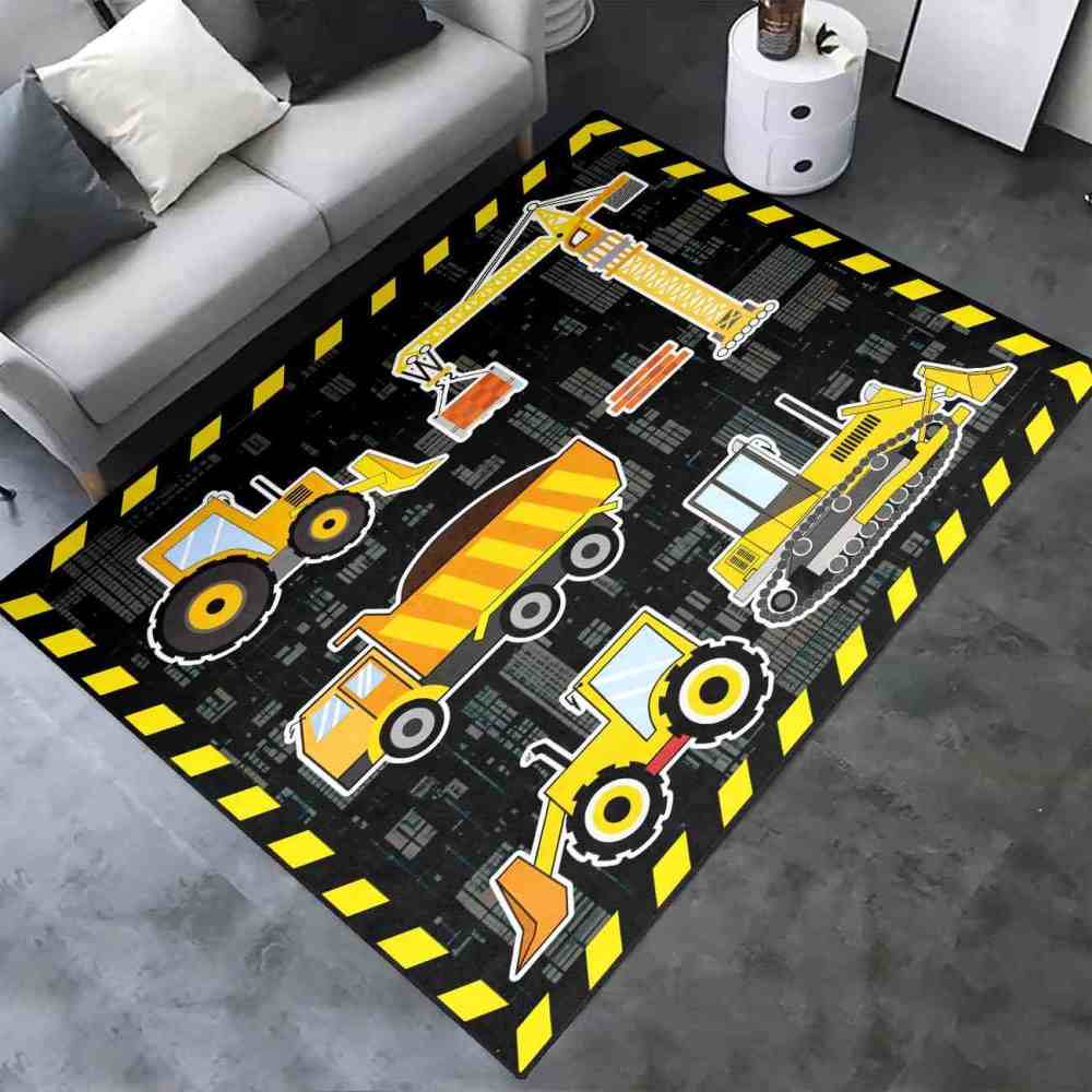 Yellow Crane & Excavator Grid Boys Play Rug Ultra Non-Slip | CozyLil
