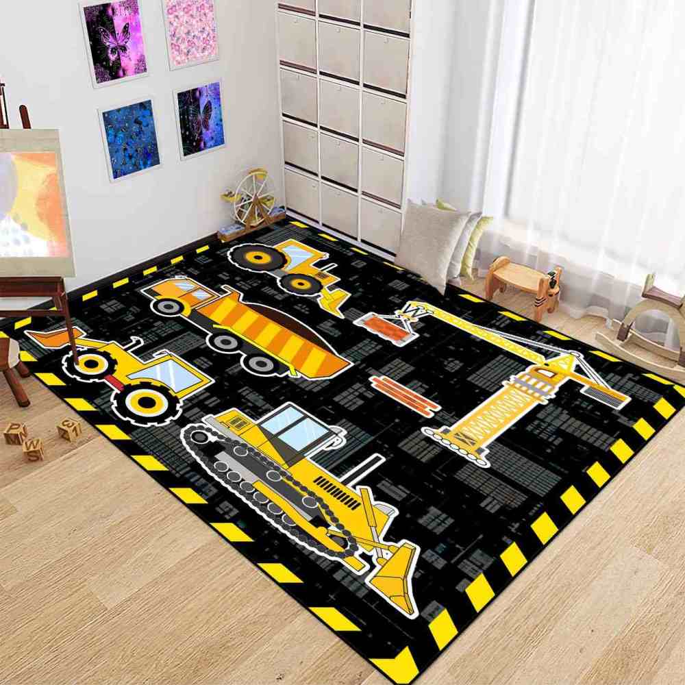 Yellow Crane & Excavator Grid Boys Play Rug Ultra Non-Slip | CozyLil