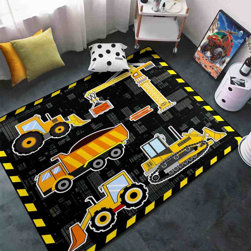 Yellow Crane & Excavator Grid Boys Play Rug Ultra Non-Slip | CozyLil