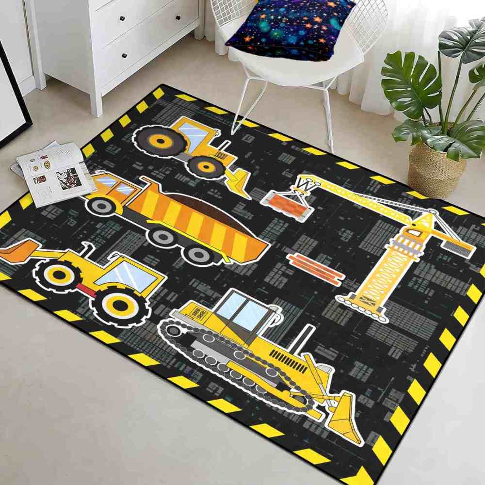 Yellow Crane & Excavator Grid Boys Play Rug Ultra Non-Slip | CozyLil