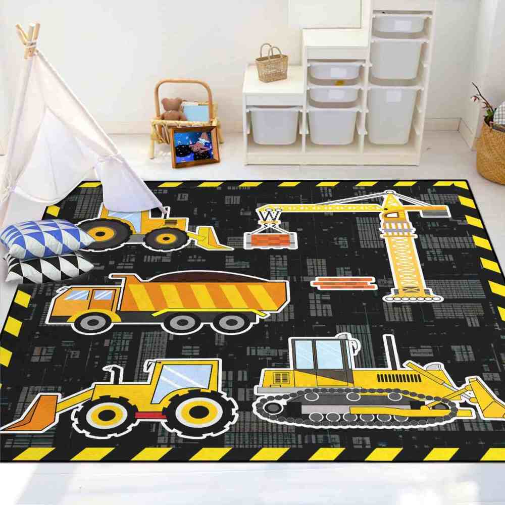 Yellow Crane & Excavator Grid Boys Play Rug Ultra Non-Slip | CozyLil