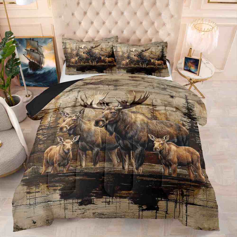 Vintage Forest Moose Family Wildlife Comforter Set | CozyLil