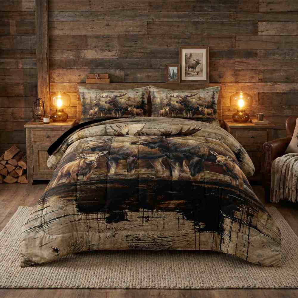 Vintage Forest Moose Family Wildlife Comforter Set | CozyLil