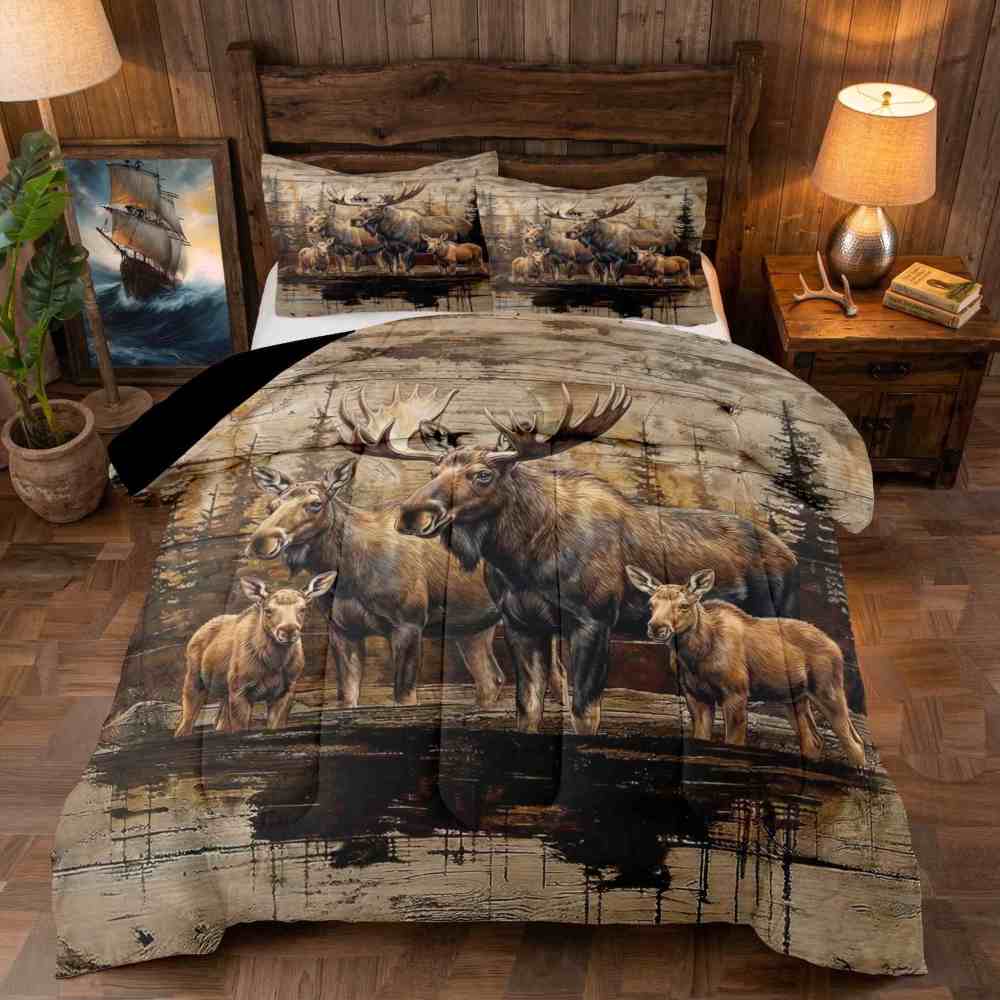 Vintage Forest Moose Family Wildlife Comforter Set | CozyLil