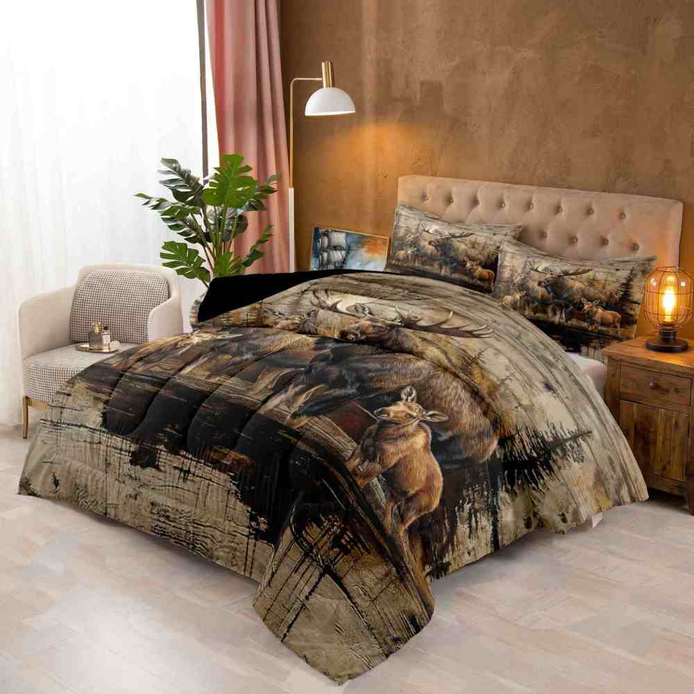 Vintage Forest Moose Family Wildlife Comforter Set | CozyLil