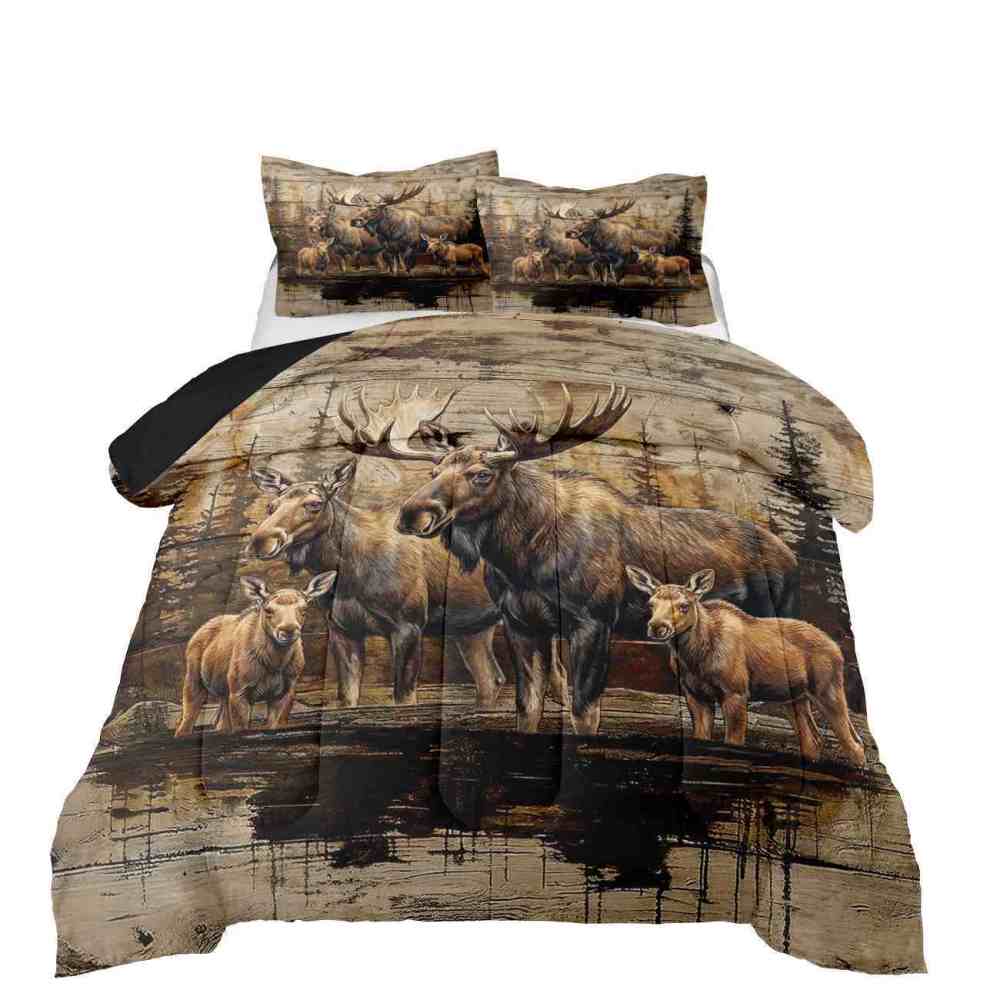 Vintage Forest Moose Family Wildlife Comforter Set | CozyLil