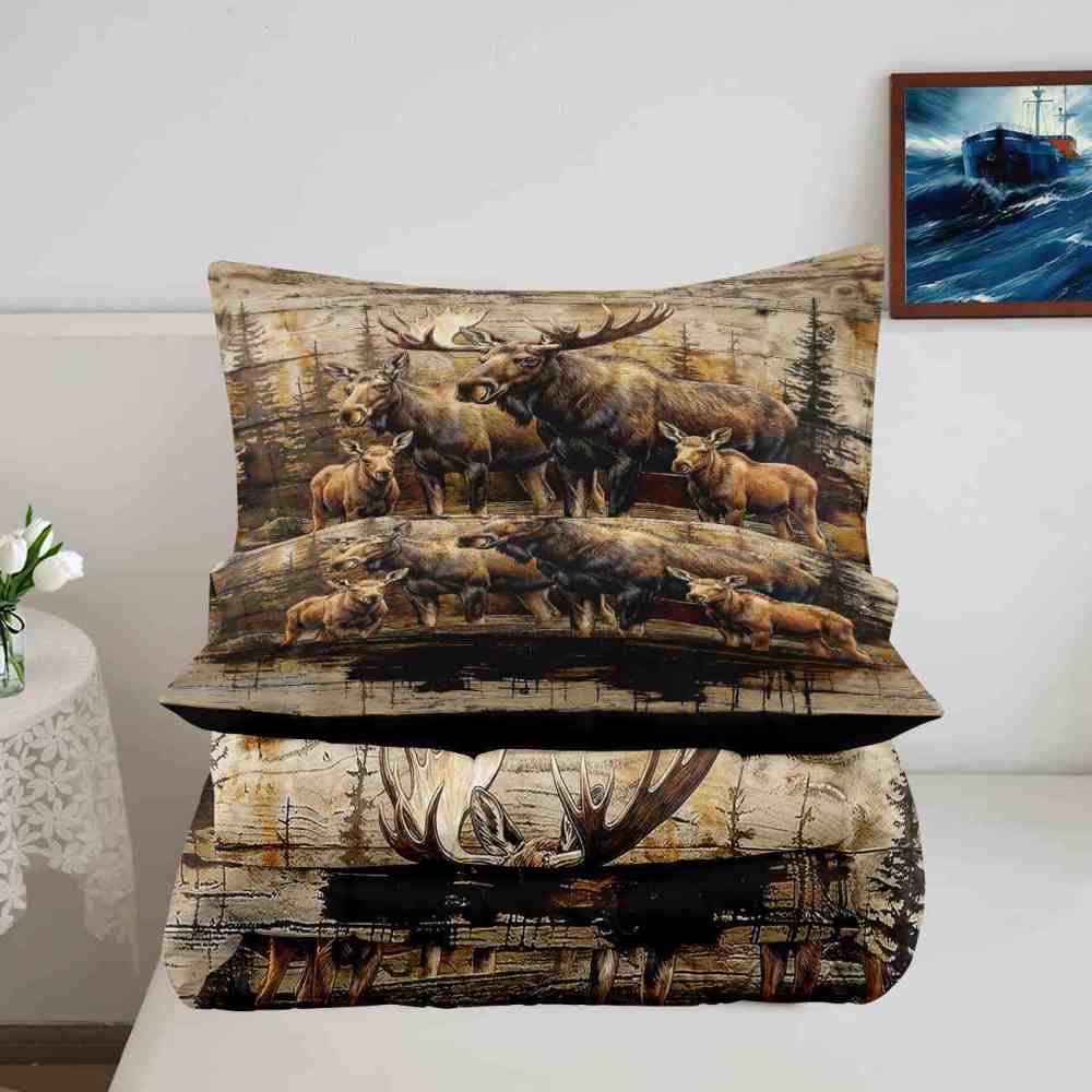 Vintage Forest Moose Family Wildlife Comforter Set | CozyLil