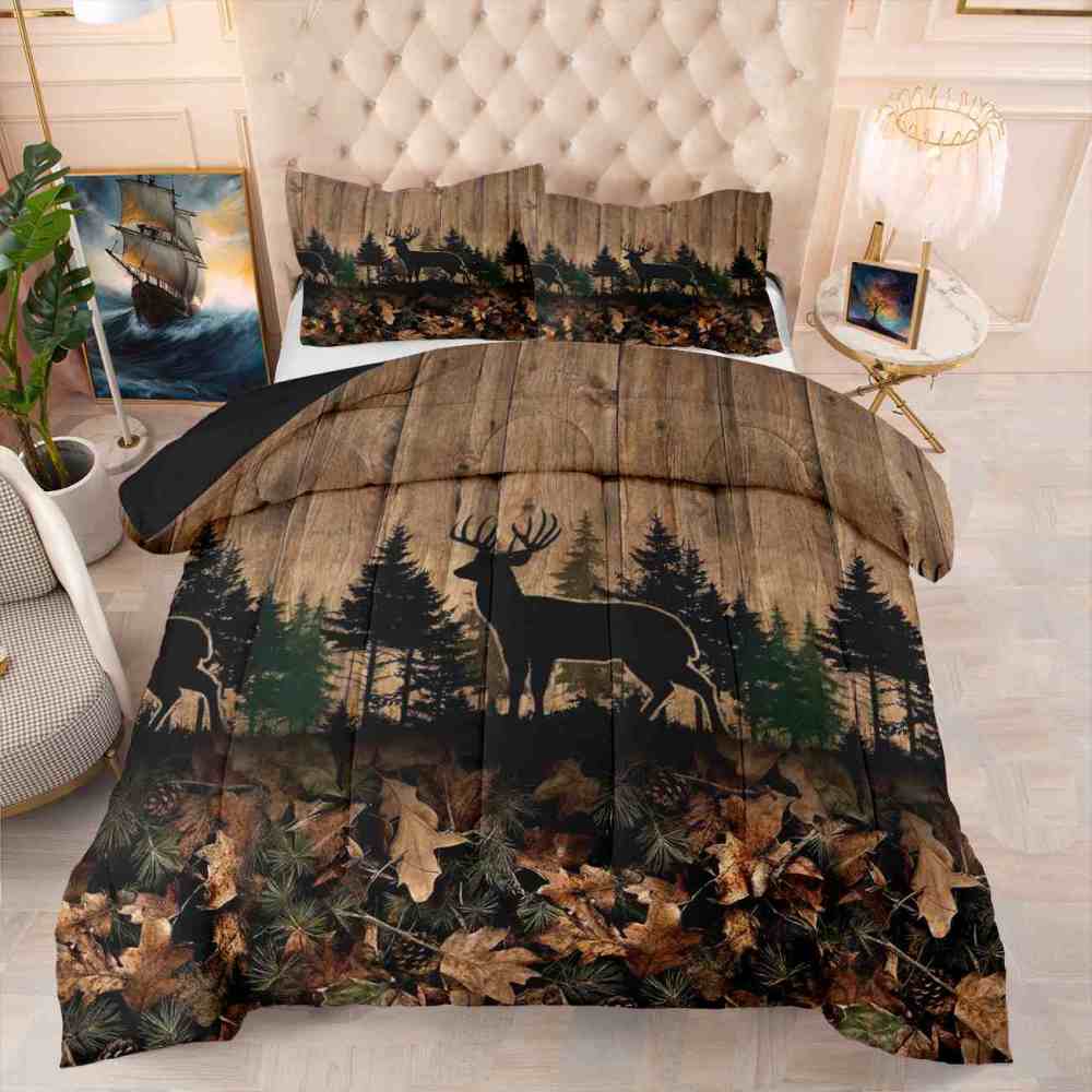 Rustic Forest Elk Silhouette Wood Grain Comforter Set | CozyLil