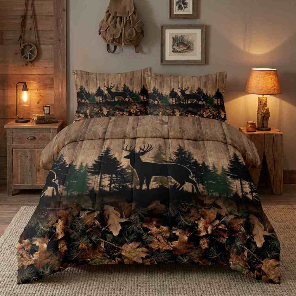 Rustic Forest Elk Silhouette Wood Grain Comforter Set | CozyLil