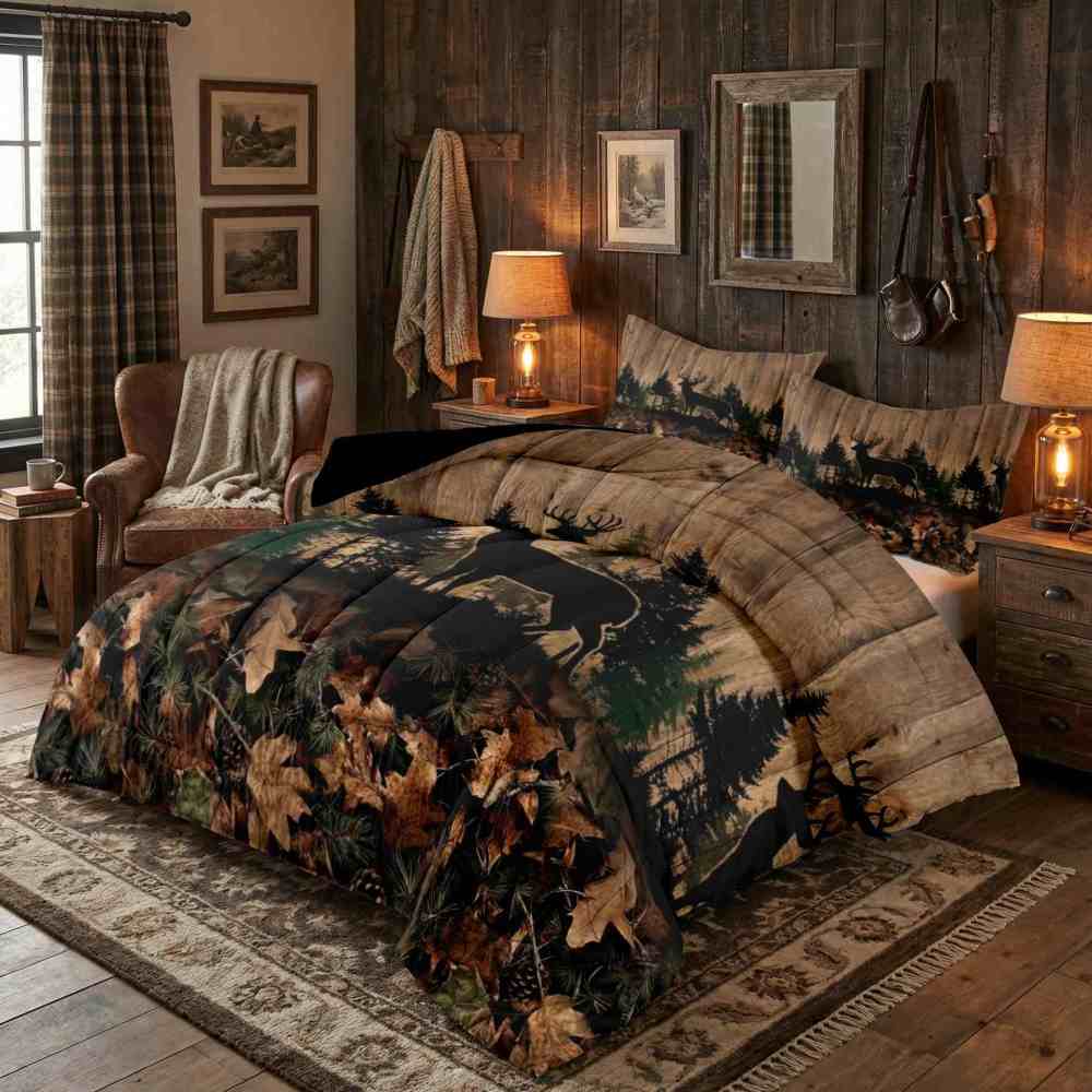 Rustic Forest Elk Silhouette Wood Grain Comforter Set | CozyLil