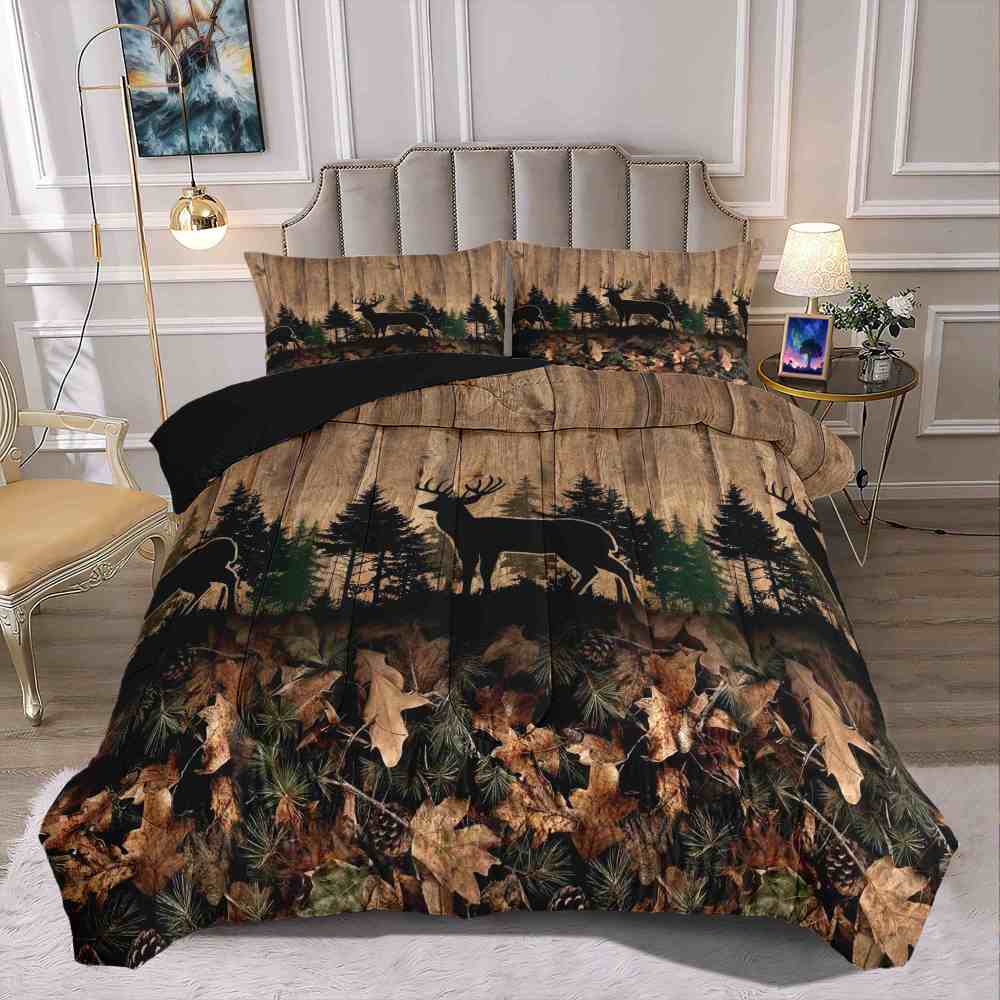 Rustic Forest Elk Silhouette Wood Grain Comforter Set | CozyLil