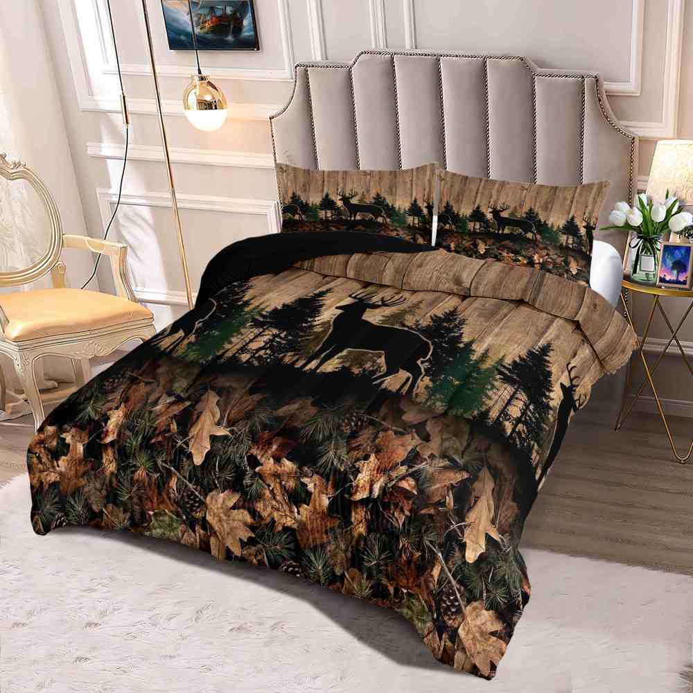 Rustic Forest Elk Silhouette Wood Grain Comforter Set | CozyLil