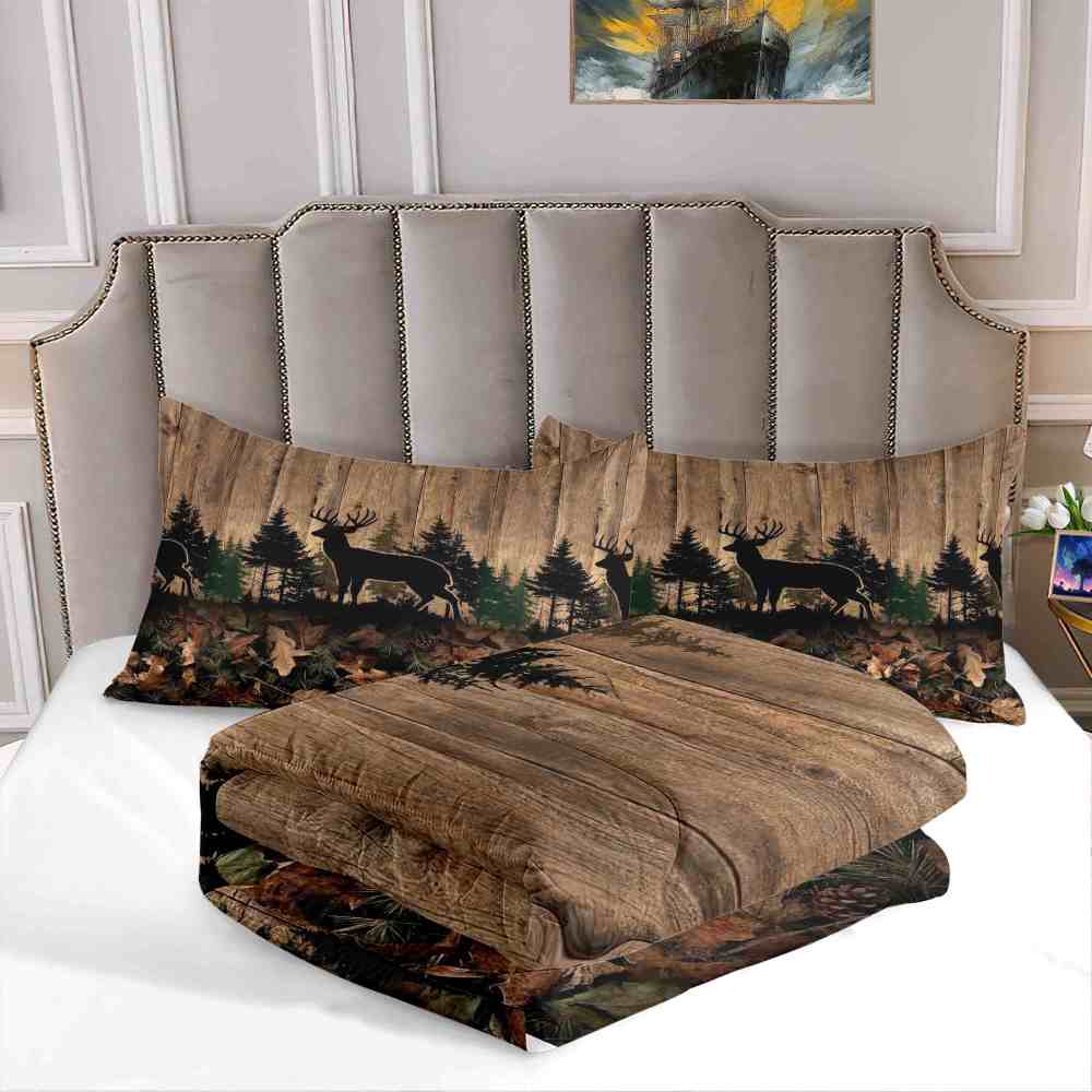 Rustic Forest Elk Silhouette Wood Grain Comforter Set | CozyLil