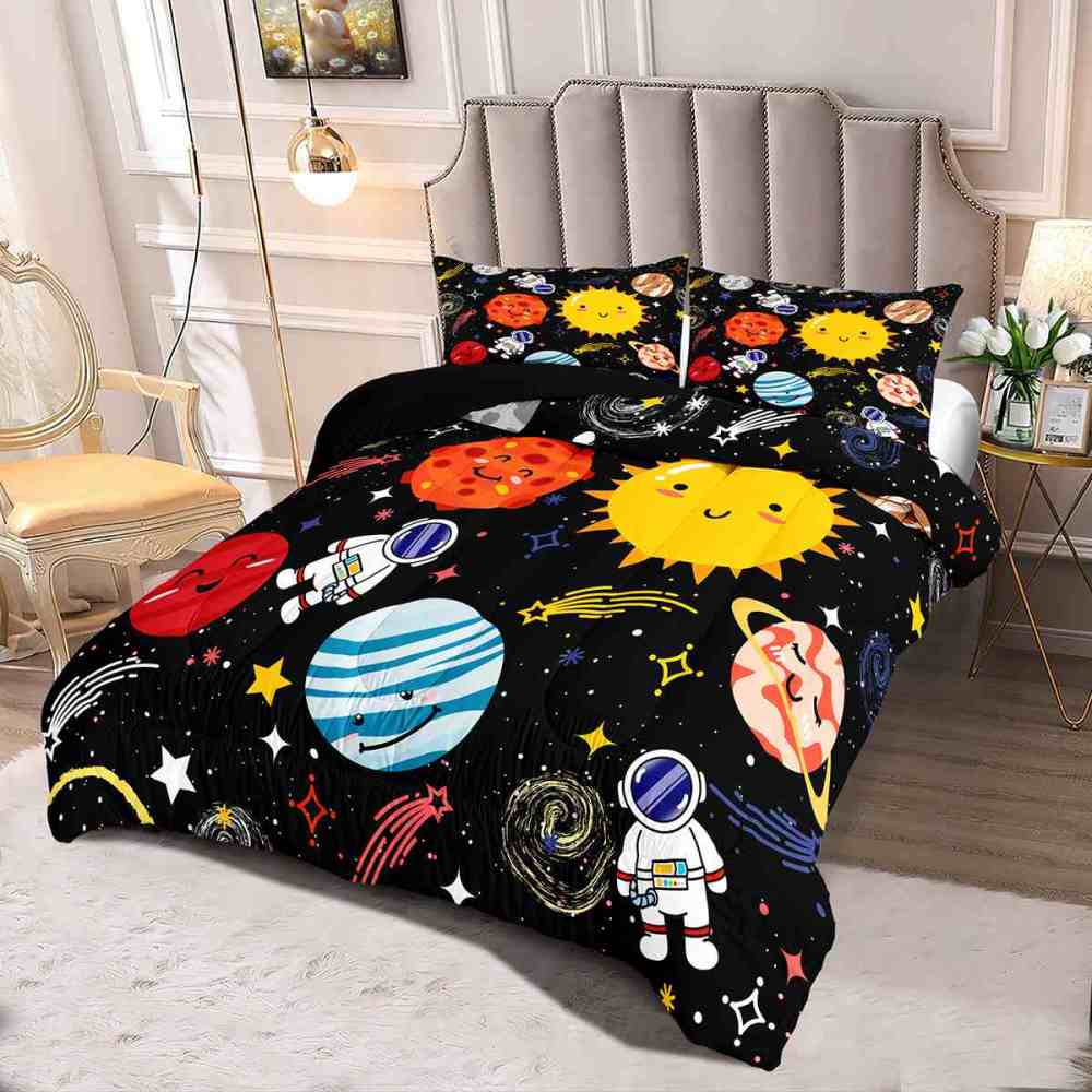 Cute Astronaut & Smiling Planets Kids Comforter Set | CozyLil