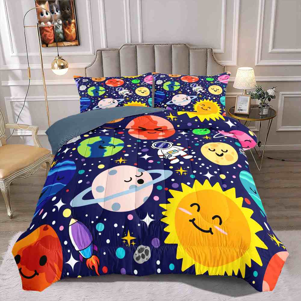 Happy Sun & Starry Galaxy Blue Kids Comforter Set | CozyLil