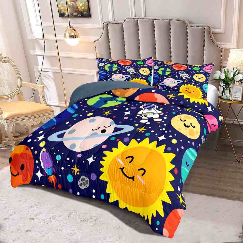 Happy Sun & Starry Galaxy Blue Kids Comforter Set | CozyLil