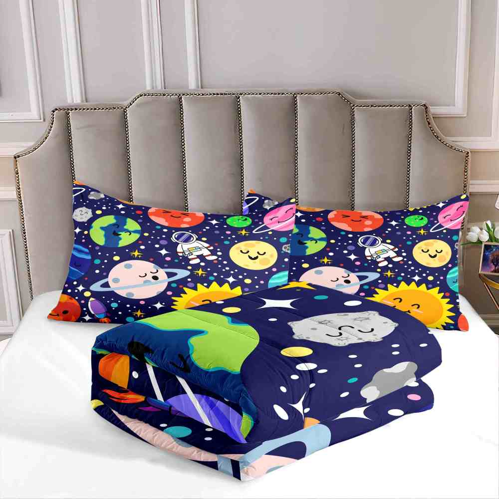 Happy Sun & Starry Galaxy Blue Kids Comforter Set | CozyLil