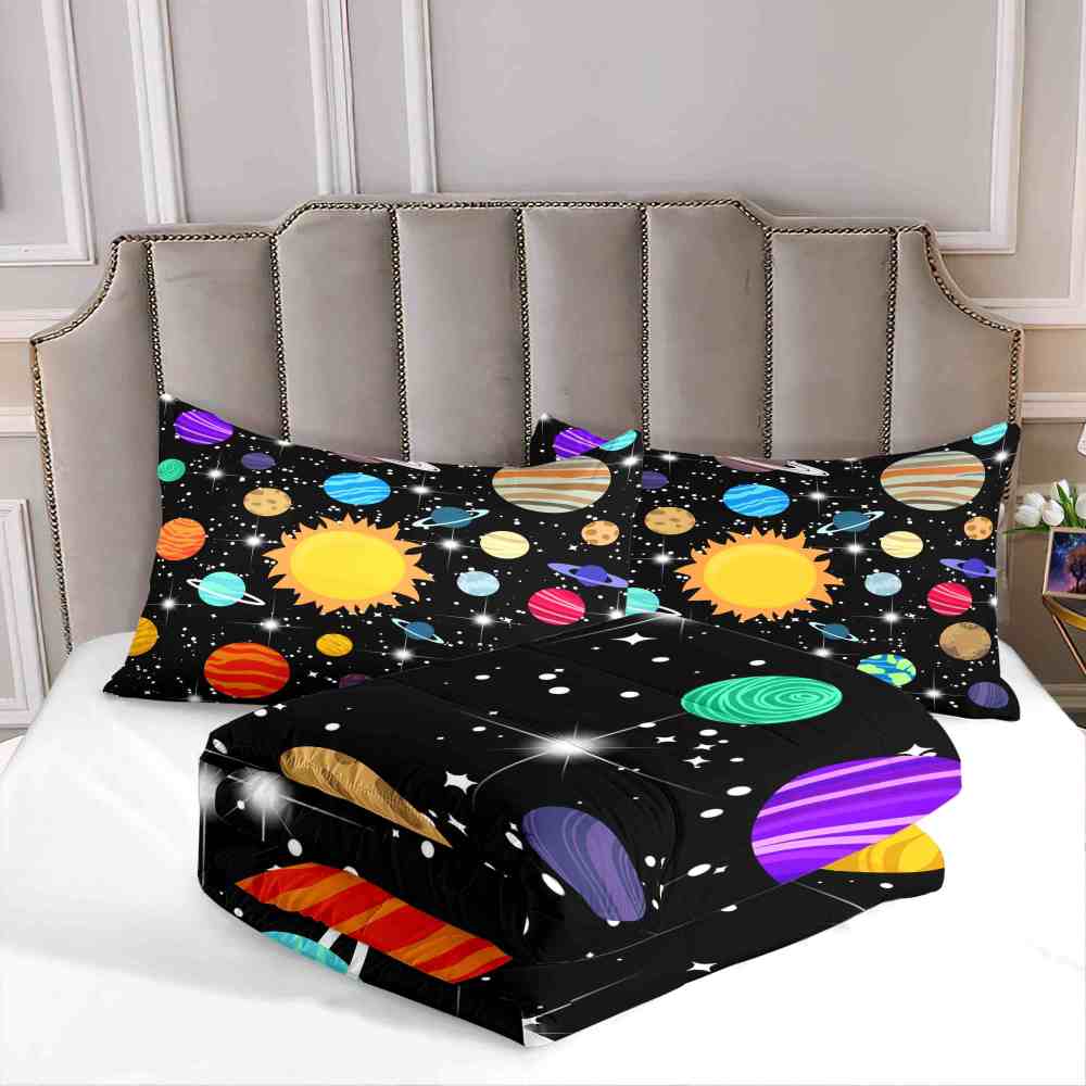 Realistic Planet Orbit & Sparkling Stars Kids Comforter Set | CozyLil