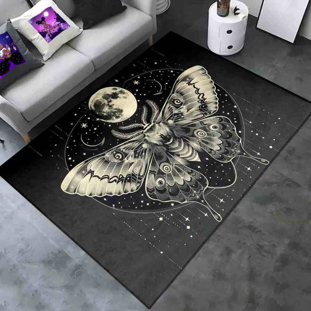 Gothic Moth Moon Phase Area Rug Celestial Teen Bedroom Carpet | CozyLil