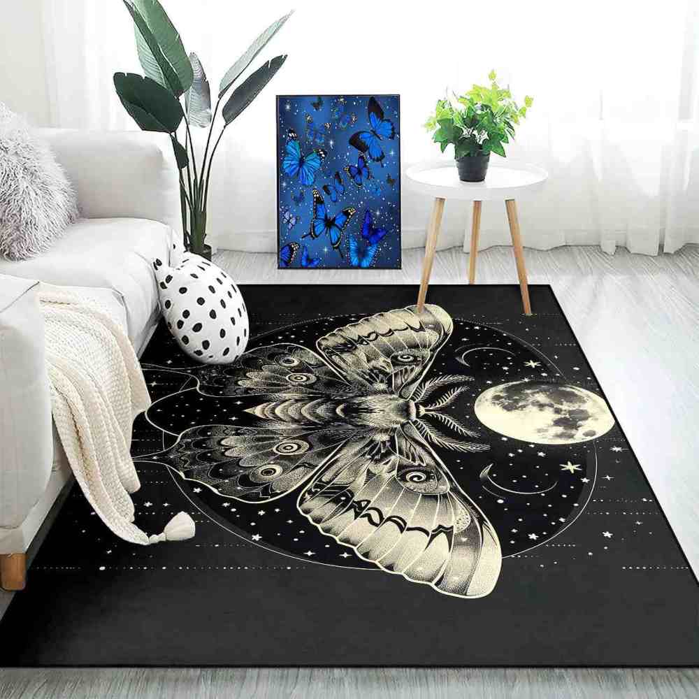 Gothic Moth Moon Phase Area Rug Celestial Teen Bedroom Carpet | CozyLil