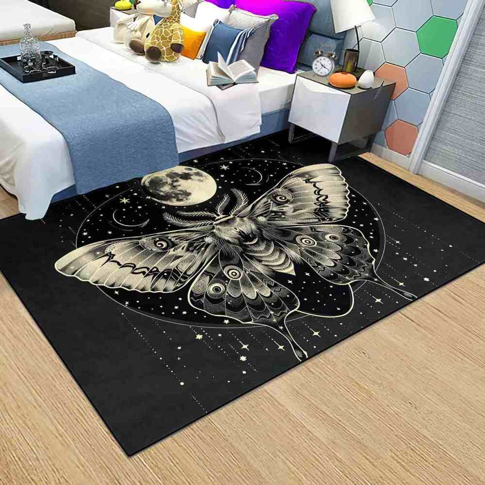 Gothic Moth Moon Phase Area Rug Celestial Teen Bedroom Carpet | CozyLil