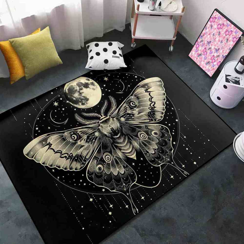 Gothic Moth Moon Phase Area Rug Celestial Teen Bedroom Carpet | CozyLil