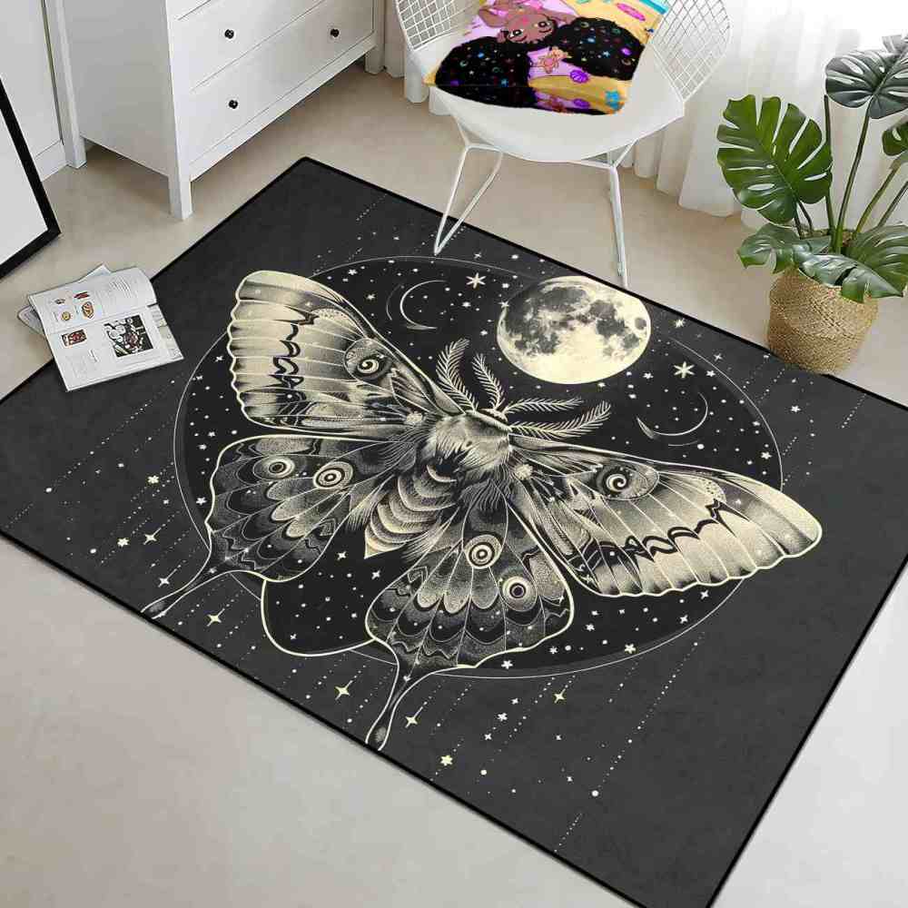 Gothic Moth Moon Phase Area Rug Celestial Teen Bedroom Carpet | CozyLil