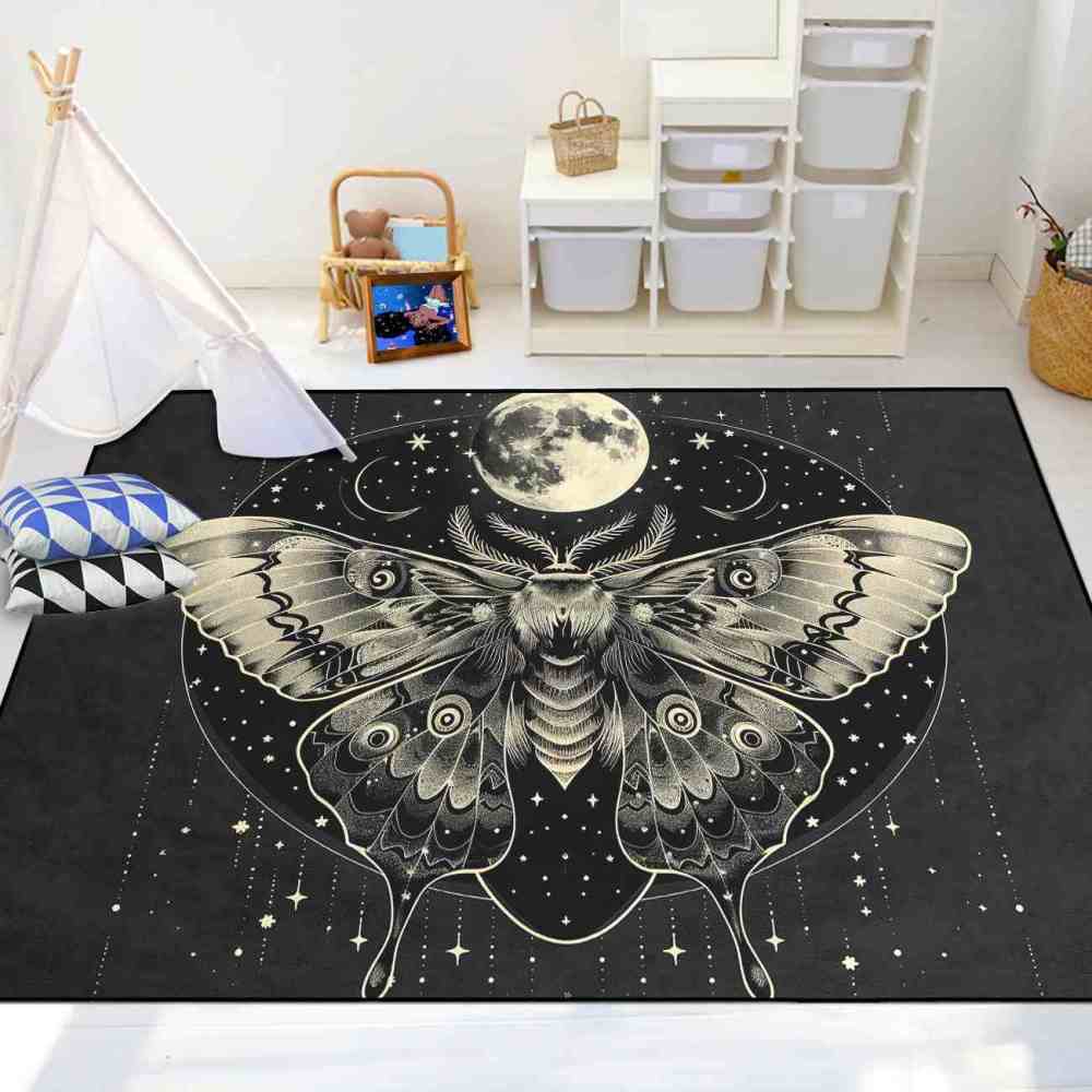 Gothic Moth Moon Phase Area Rug Celestial Teen Bedroom Carpet | CozyLil