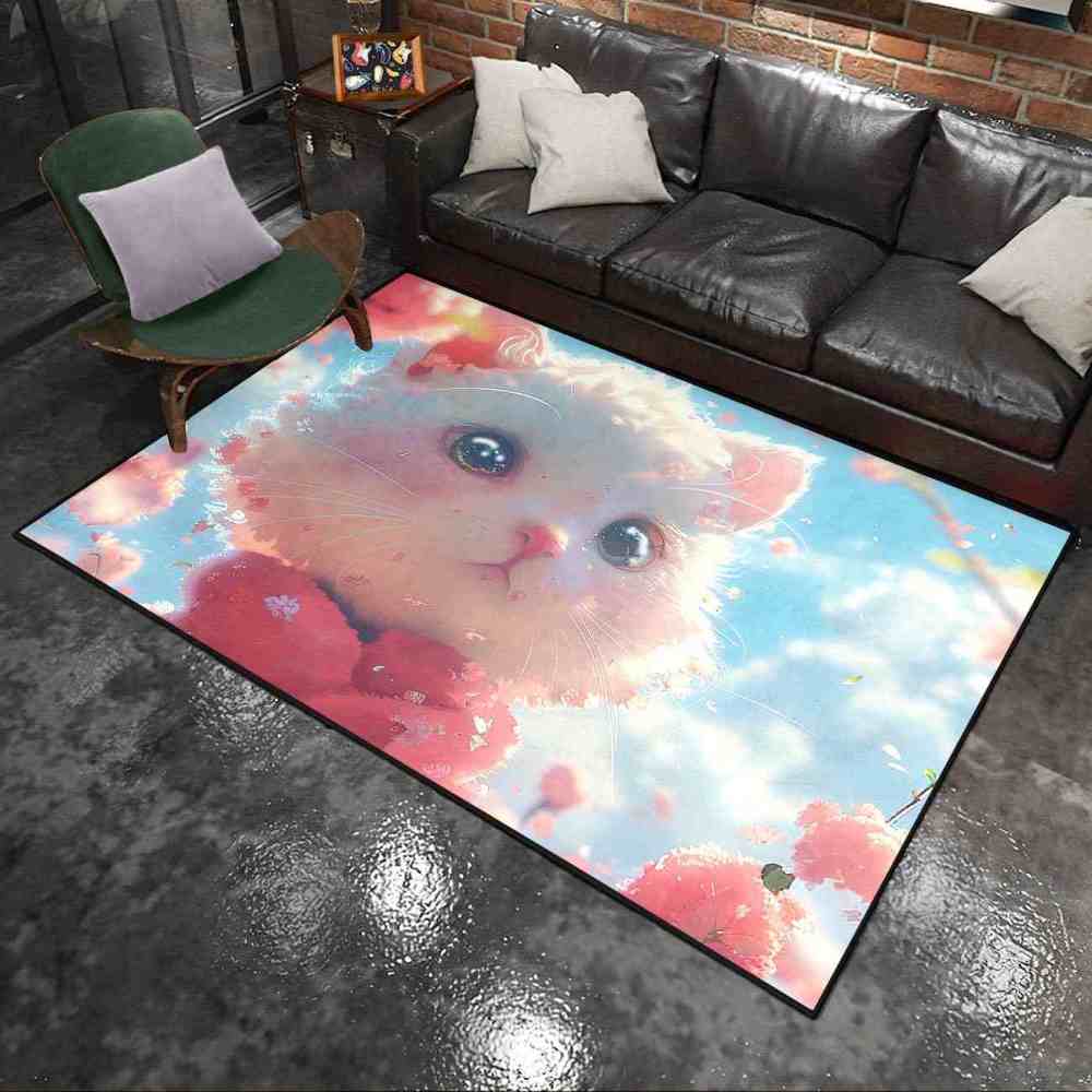 Cute White Kitty Pink Blossom Girls Nursery Area Rug | CozyLil