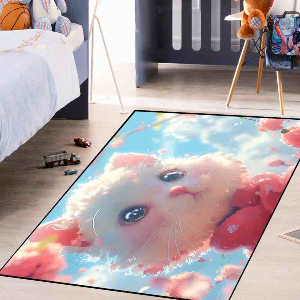 Cute White Kitty Pink Blossom Girls Nursery Area Rug | CozyLil