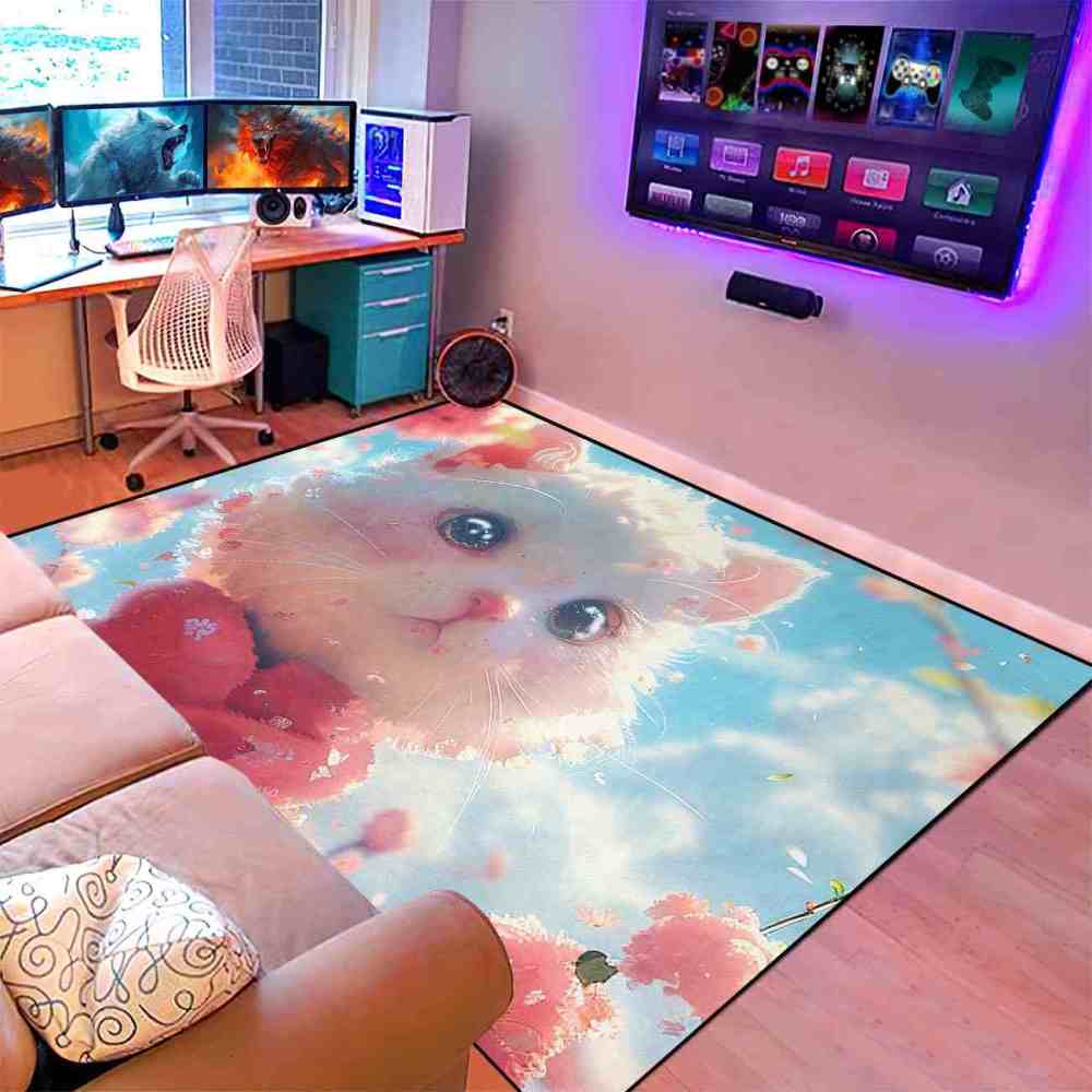 Cute White Kitty Pink Blossom Girls Nursery Area Rug | CozyLil