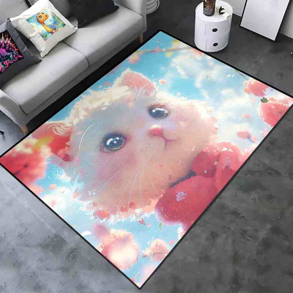 Cute White Kitty Pink Blossom Girls Nursery Area Rug | CozyLil