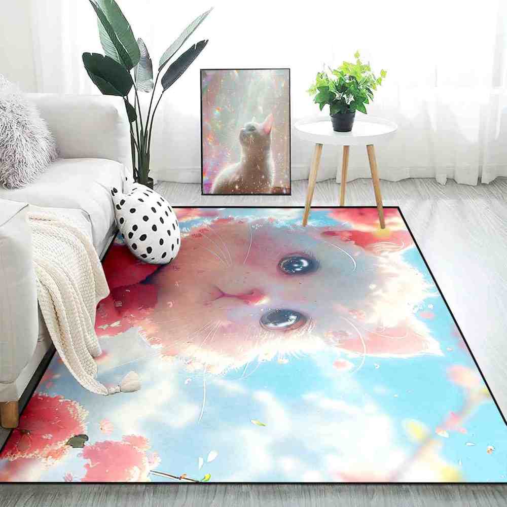 Cute White Kitty Pink Blossom Girls Nursery Area Rug | CozyLil