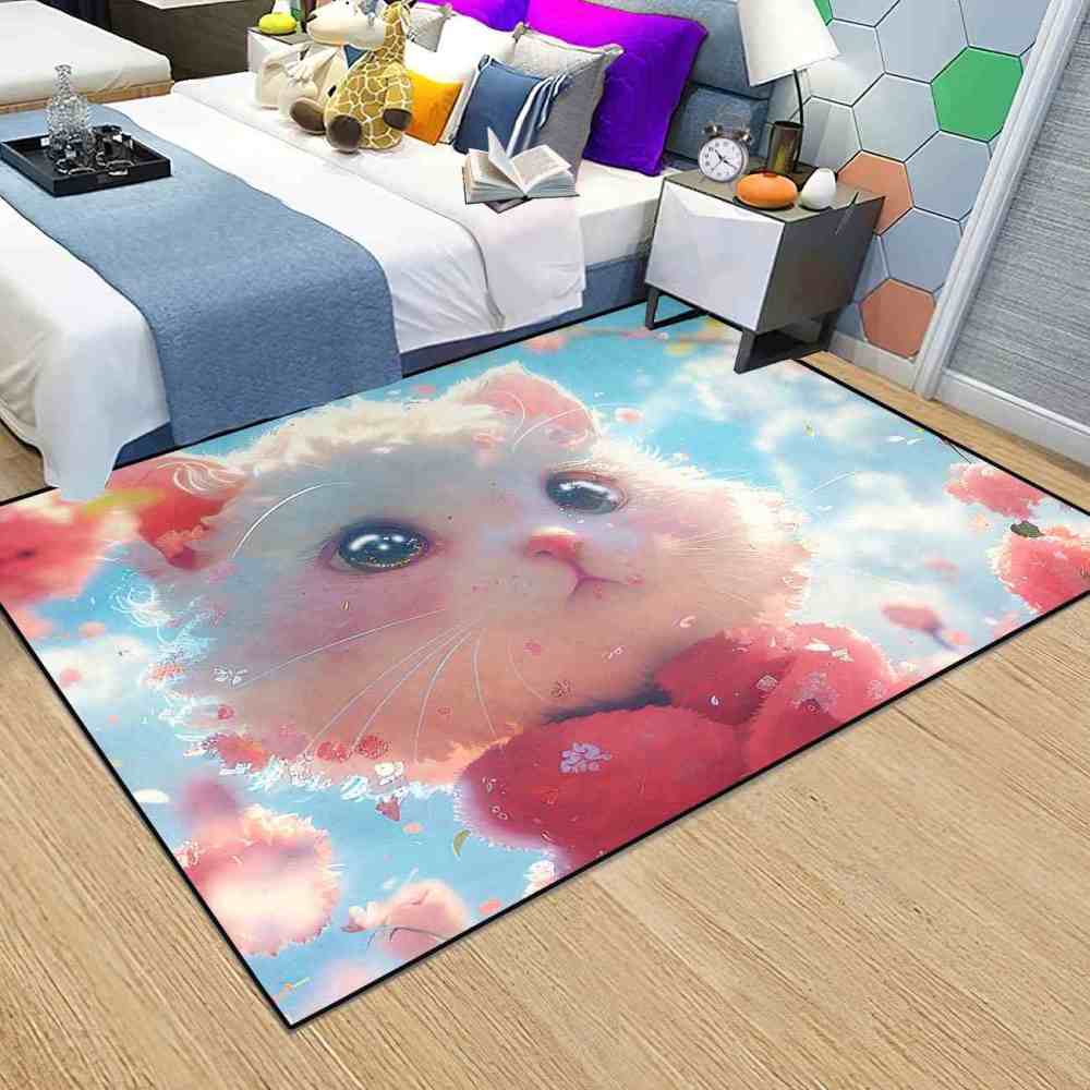 Cute White Kitty Pink Blossom Girls Nursery Area Rug | CozyLil