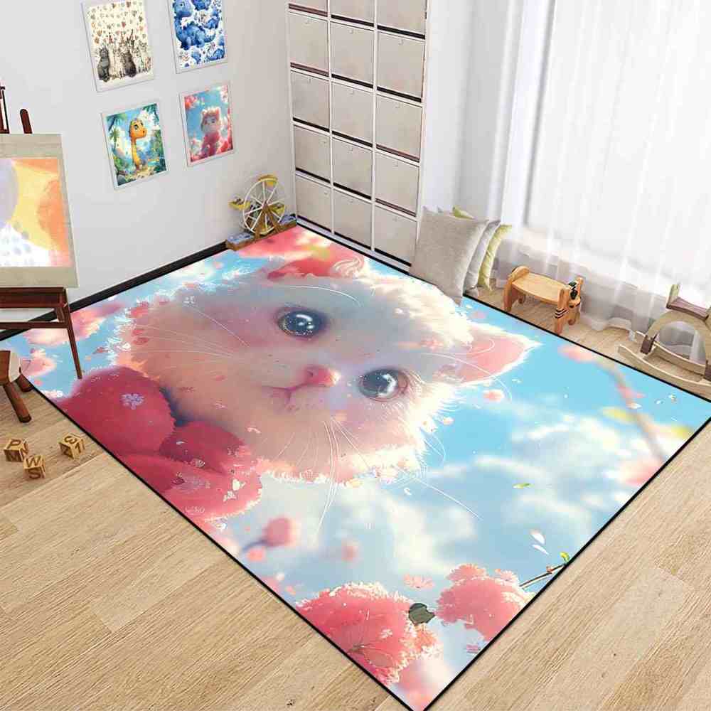 Cute White Kitty Pink Blossom Girls Nursery Area Rug | CozyLil