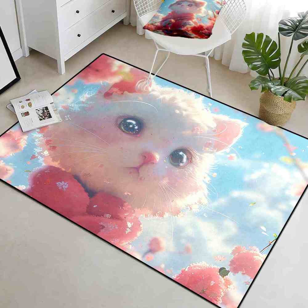 Cute White Kitty Pink Blossom Girls Nursery Area Rug | CozyLil