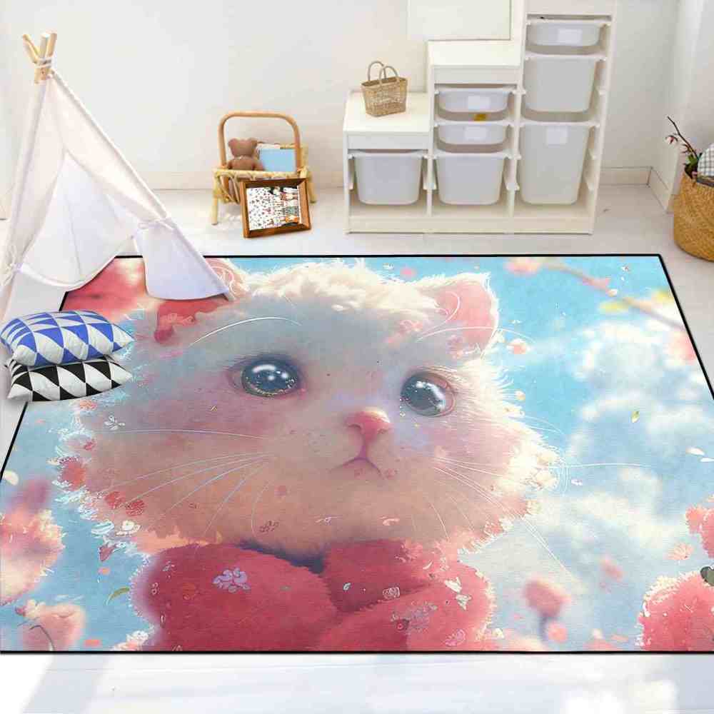 Cute White Kitty Pink Blossom Girls Nursery Area Rug | CozyLil