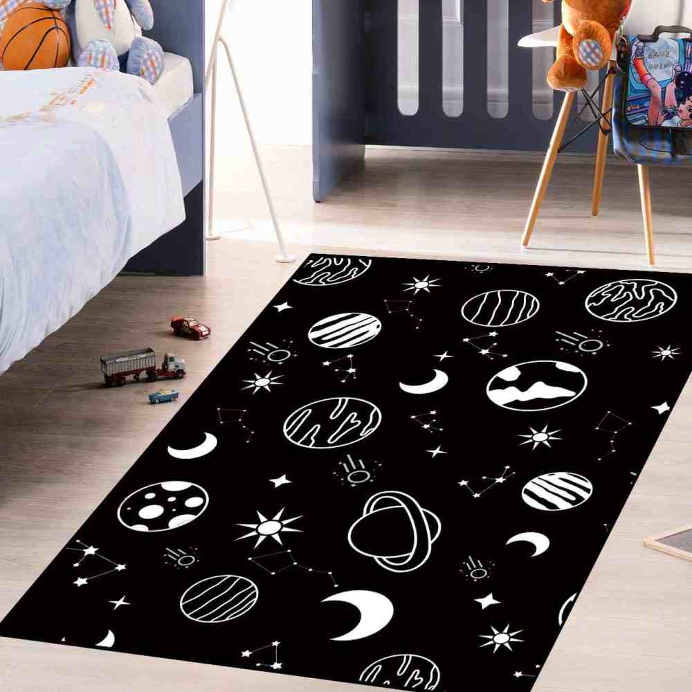 Minimalist Black White Line Art Cosmic Kids Area Rug | CozyLil