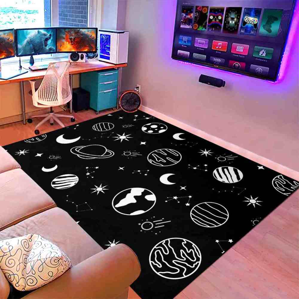 Minimalist Black White Line Art Cosmic Kids Area Rug | CozyLil