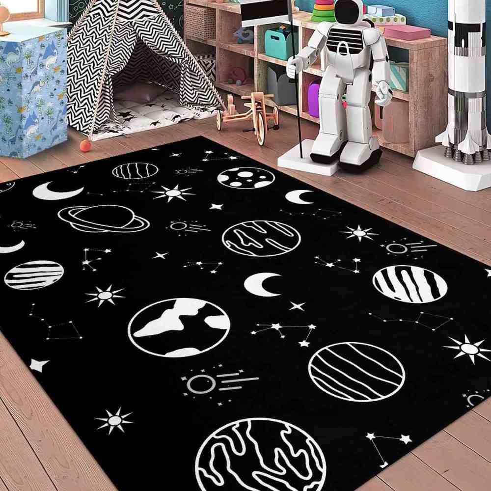 Minimalist Black White Line Art Cosmic Kids Area Rug | CozyLil