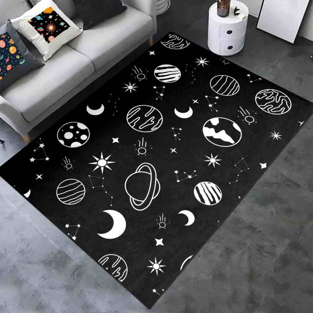 Minimalist Black White Line Art Cosmic Kids Area Rug | CozyLil