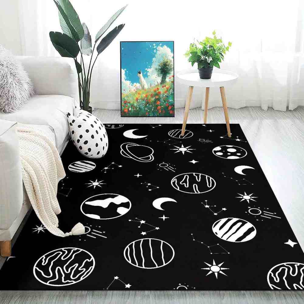 Minimalist Black White Line Art Cosmic Kids Area Rug | CozyLil