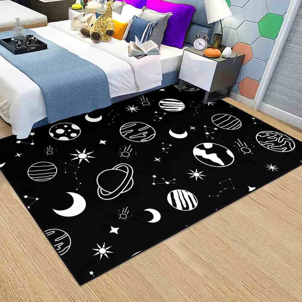 Minimalist Black White Line Art Cosmic Kids Area Rug | CozyLil