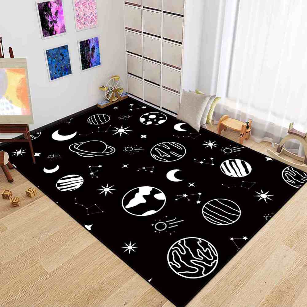 Minimalist Black White Line Art Cosmic Kids Area Rug | CozyLil