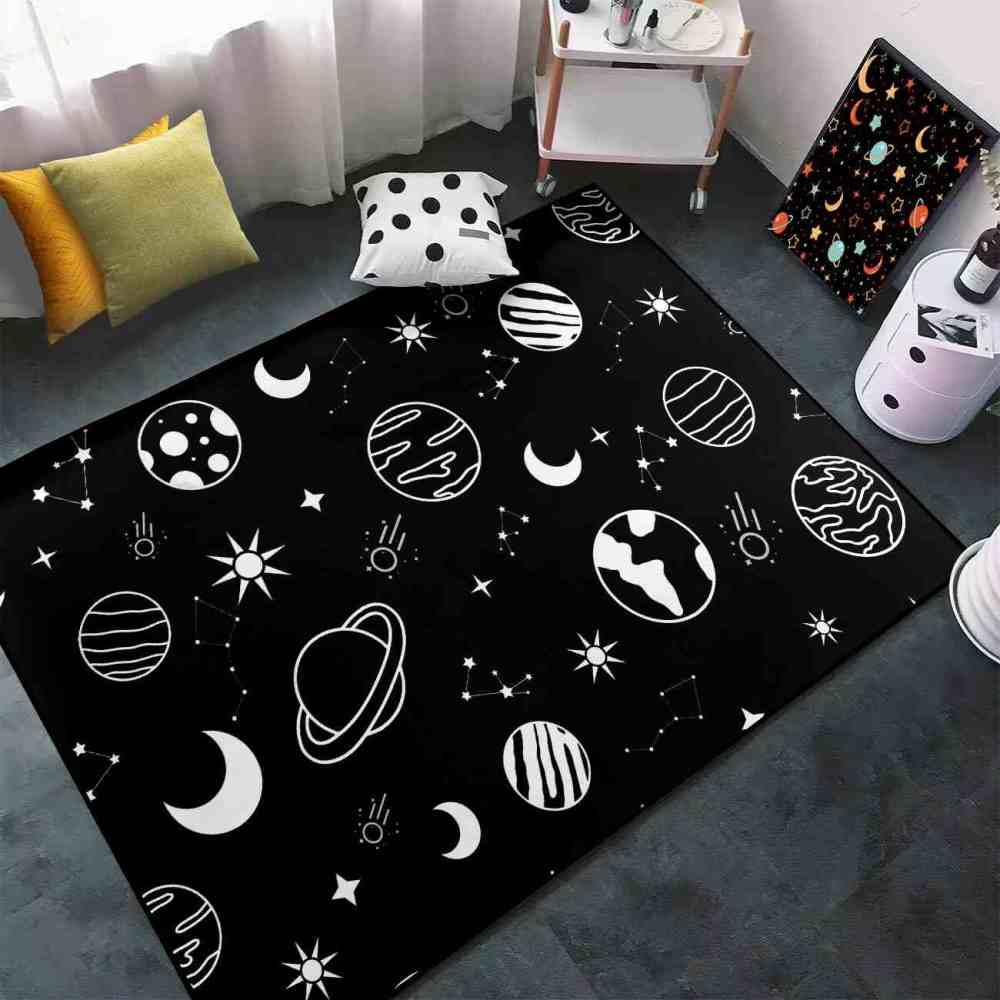 Minimalist Black White Line Art Cosmic Kids Area Rug | CozyLil