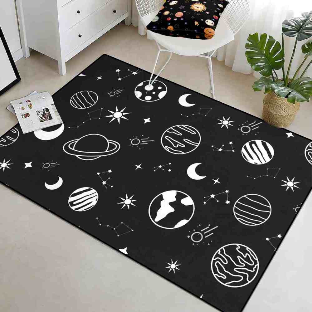 Minimalist Black White Line Art Cosmic Kids Area Rug | CozyLil