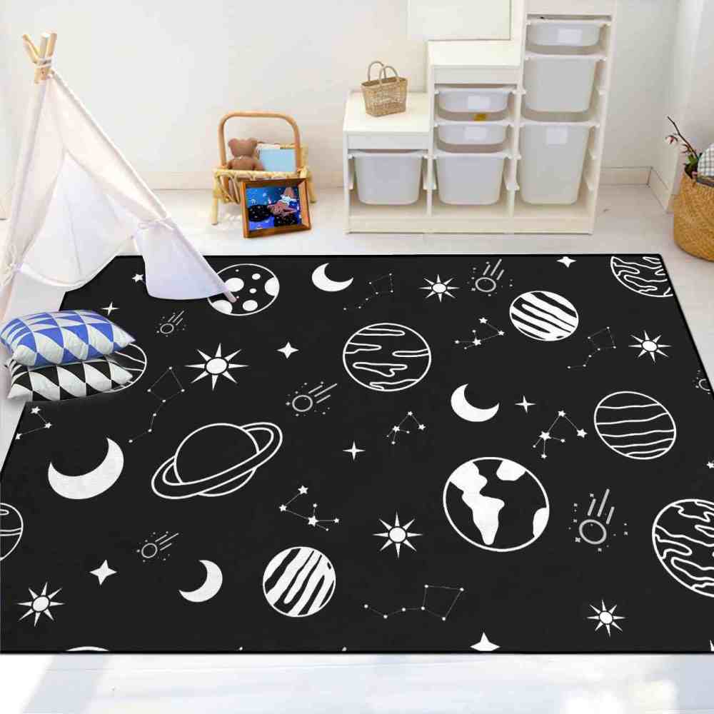 Minimalist Black White Line Art Cosmic Kids Area Rug | CozyLil