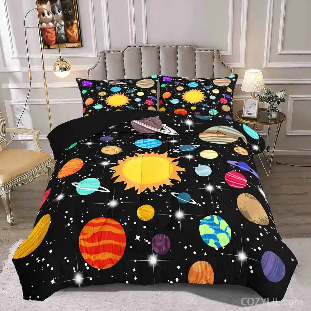 Realistic Planet Orbit & Sparkling Stars Kids Comforter Set | CozyLil